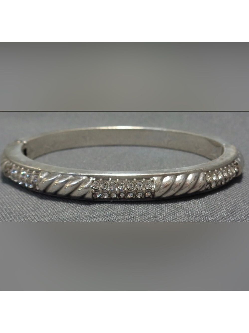 Vintage Brighton Silver Tone Rope and Crystal Hinged Oval Bangle Bracelet 1659